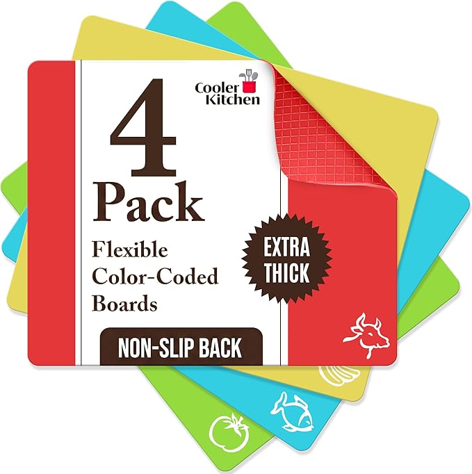 Cooler Kitchen 4 Piece Flexible Plastic Cutting Boards for Kitchen, BPA Free Plastic Cutting Mats For Kitchen - Extra Thick Chopping Mats - Mats Color Coded with Food Icons - Non Slip Dishwasher Safe