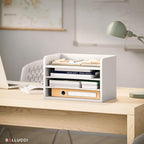 Ballucci File Organizer, 4-Tier Office Desk Organizer, Open Top Wood Paper Organizer for Classroom, Mail Sorter Paper Tray with Adjustable Storage Shelves, White