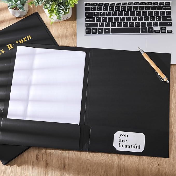 Harloon 40 Pcs Tax Return Folders 12 x 9 Inches 2 Pocket Folders Bulk Gold Foil Stamped Heavyweight Folder, Holds 8 x 11 Inches Letter Size Paper(Black,Cardboard)
