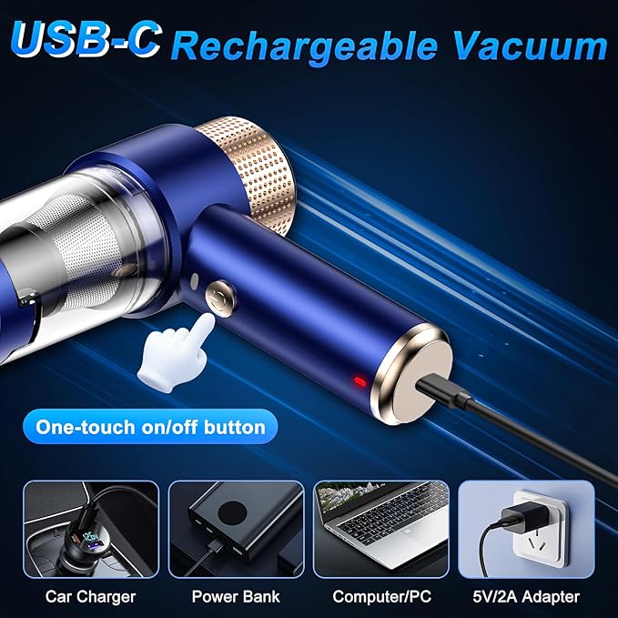 SHLNLI Mini Vacuum Cleaner, 15000PA Car Vacuum Cleaner Portable Cordless with LED Light, 4 in 1 Air Duster and Handheld Small Vacuum Rechargeable for Car, Home, Office, Pet（Blue）