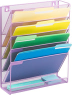 EASEPRES Desk File Organizer Mesh 6 Tier, Hanging Wall Mount Document Organization Stand, Desktop Vertical Mail Paper Folder Holder Rack with Bottom Tray for Office Home Cubicle, Light Purple
