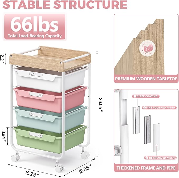 Rolling Storage Utility Cart With 4 Drawers,Kids Craft Art Cart,Makeup Organizer And Storage with Wooden Tabletop,Rainbow