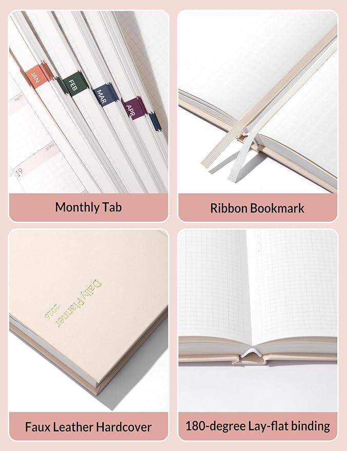 SUNEE 2026 Daily Planner A5 Hardcover – Hourly Schedule Organizer with Monthly Tabs & Task Tracker – Beige Cover Time Management Notebook for Work, School, Personal Goals