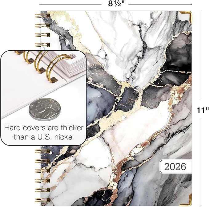 HARDCOVER 2026 Planner, 8.5"x11": 14 Months (November 2025 - December 2026), Daily Weekly Monthly Planner, Yearly Agenda, Bookmark, Pocket Folder and Sticky Note Set (Black Gold Marble)