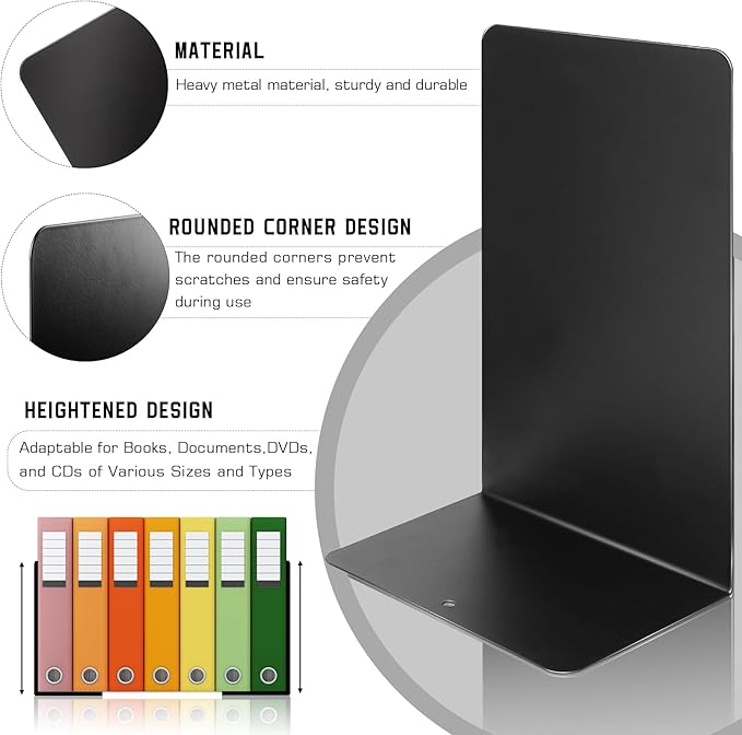 VONDERSO Metal Bookends Black, 2 Pairs Decorative Metal Book End Supports for Shelves Gauge Book Divider Stopper Holders with Non-Slip Anti-Scratch Rubber Pads