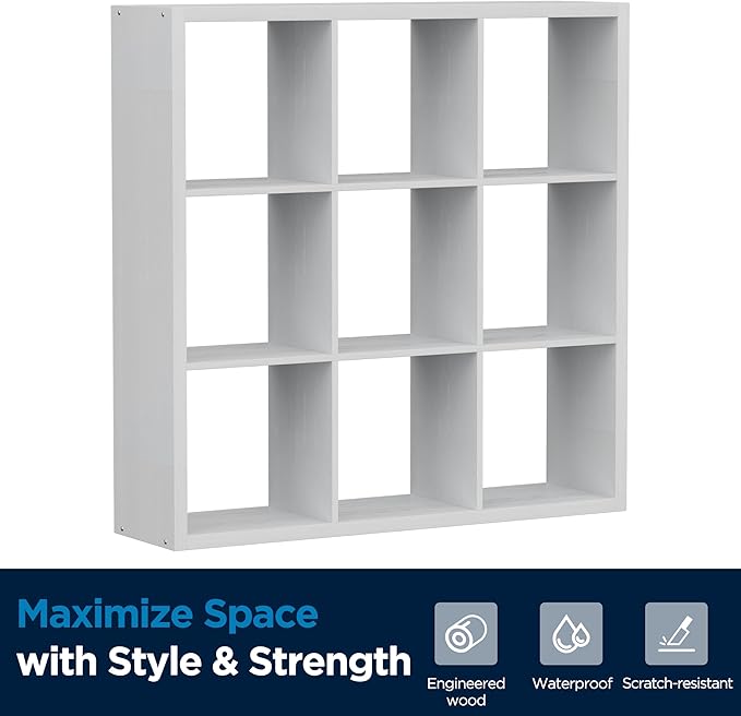 Jpiziso 9-Cube Storage Organizer, Wooden Cube Shelf Bookcase with Reinforced Thick Shelves, Heavy-Duty 36.93" L x 9.37" W x 36.93" H, for Living Room Bedroom Home Office, White