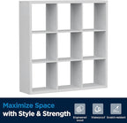 Jpiziso 9-Cube Storage Organizer, Wooden Cube Shelf Bookcase with Reinforced Thick Shelves, Heavy-Duty 36.93" L x 9.37" W x 36.93" H, for Living Room Bedroom Home Office, White