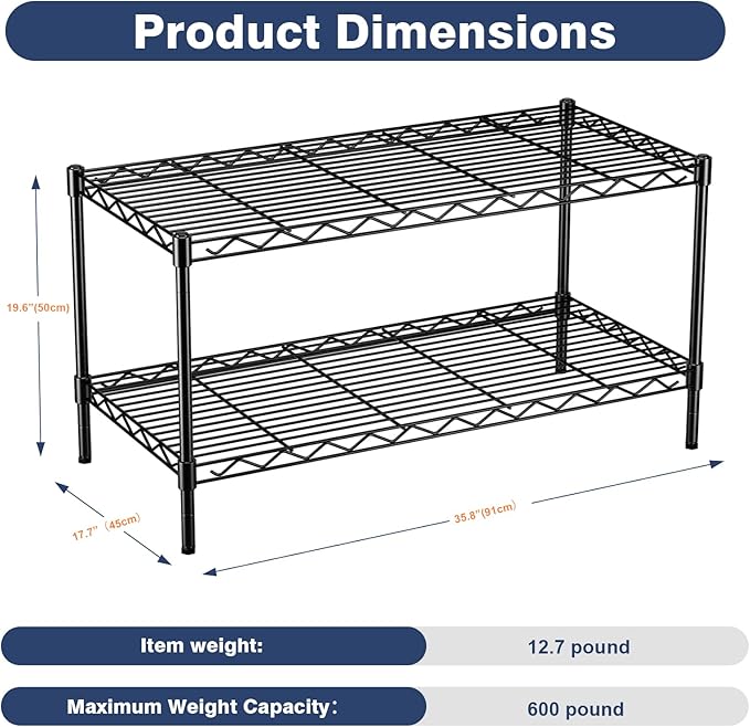 VANZBON 2-Tier Wire Shelving Unit,36" Wx18 Dx19.5 H,Wire Shelves Rack with Lockable Wheels,2 Shelf Height Adjustable Metal Storage for Living Room,Kitchen,Pantry,Closet,Office,Laundry