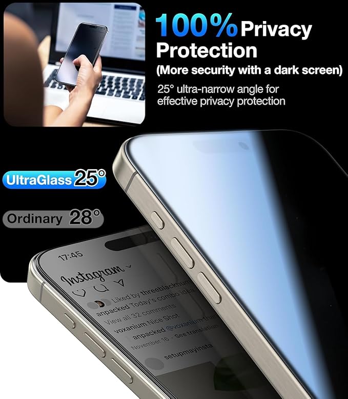 UltraGlass Ultra 9H+ Glass for iPhone 14 Pro Privacy Screen Protector [No.1 Military Grade Shatterproof & 100% Anti Spy] Glass Privacy Screen iPhone 14 Pro Tempered [Longest Durable],2 Pack