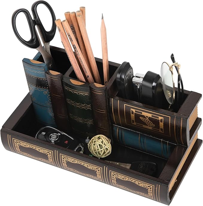 VERGOODR Decorative Pencil and Pen Holder with Storage Drawer, Wooden Desk Organizer Caddy, Antique Library Books Design Pen Cup for Office Supplies, Countertop, Desk,Table (Reddish brown)