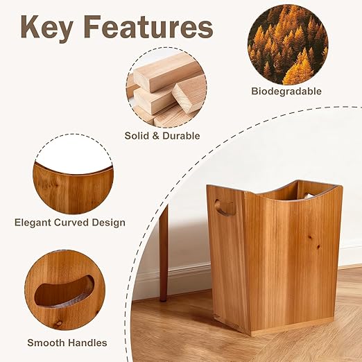 Tenavo 2 Gallons Wooden Bin Wastebasket, Small Trash Can, Decorative Bathroom Trash Can, Waste Basket for Bedroom, Office Garbage Can, Wood Bathroom Accessories