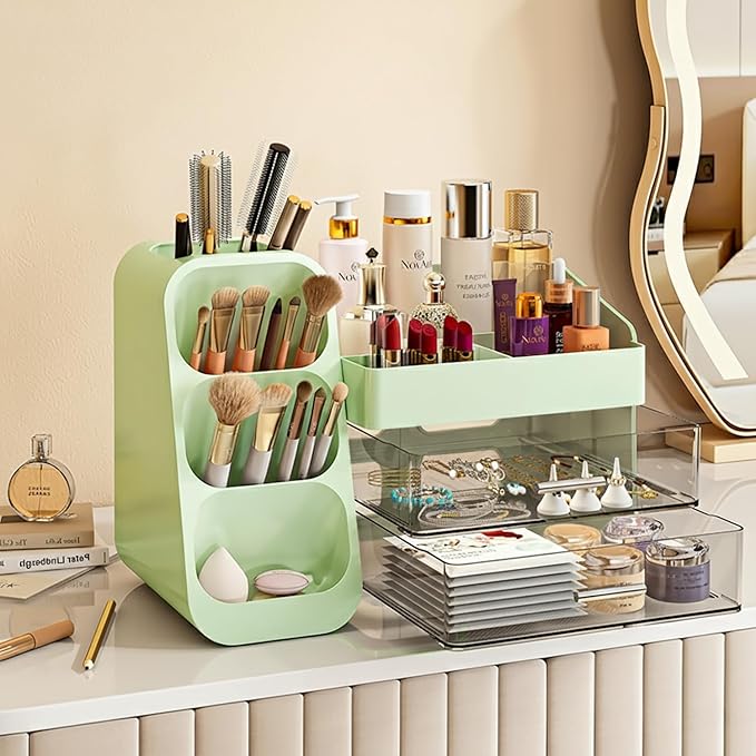 KQJS Makeup Organizer with Drawers,Large Capacity Countertop Organizer for Vanity,Bathroom and Bedroom Desk Cosmetics Organizer,Easy To Storage Skincare,Brushes,Lotions,Lipstick (Green)