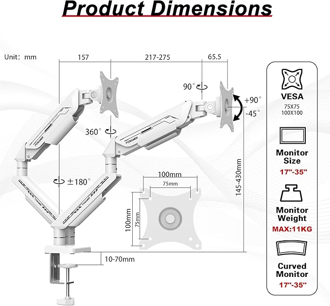 Fydeamer Dual Monitor Arm for 17-35" Screens up to 24.2 lbs, Ergonomic Gas Spring Monitor Stand with Height Adjust, Tilt, Swivel & Cable Management, VESA Desk Mount with 2 Types of Installation, White