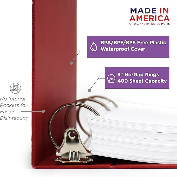 Carstens 3-Inch Heavy Duty Round Ring Binder for Policy Manuals – Side Opening, Brick Red, Case of 14, Durable Plastic, No Pockets, Holds 400 Sheets, Made in USA (1760-3RCS)