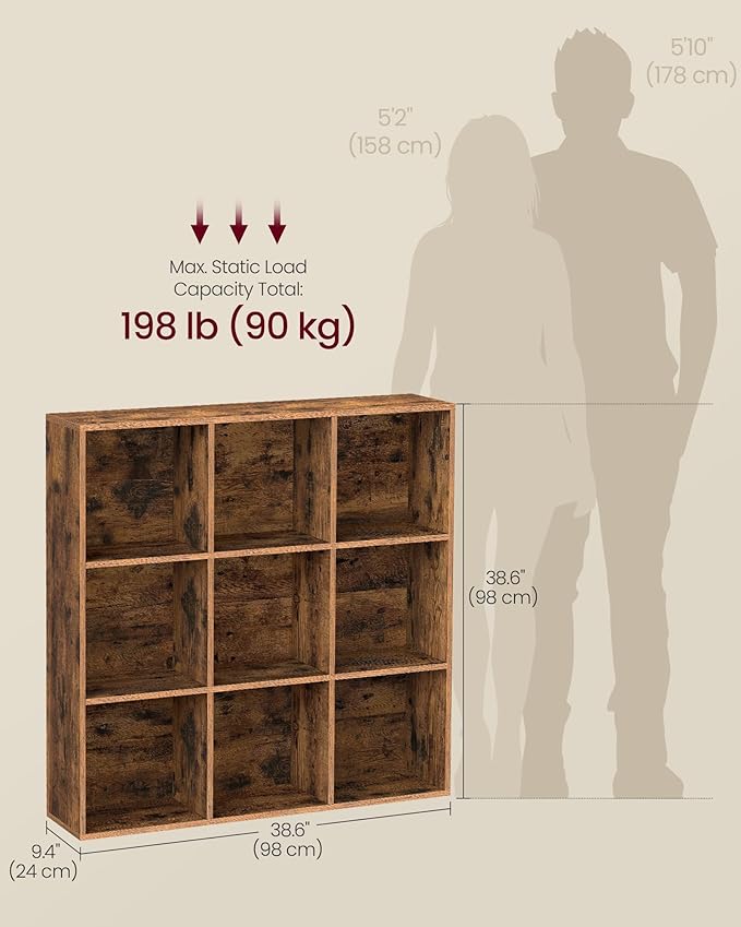 VASAGLE Custos Collection - Bookshelf, Bookcase, Cube Shelf with 9 Compartments, 9.4 x 38.6 x 38.6 Inches, Storage Shelf, for Living Room, Home Office, Dining Room, Rustic Brown ULBC477K01