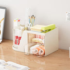 Marbrasse Desk Organizer with 2 Drawer, 360°Rotating Pen Holder, Desk Organizers and Accessories with 6 Slots Pencil Organizer + 2 Drawer, Art Supply Storage Box Caddy for Office (Beige)