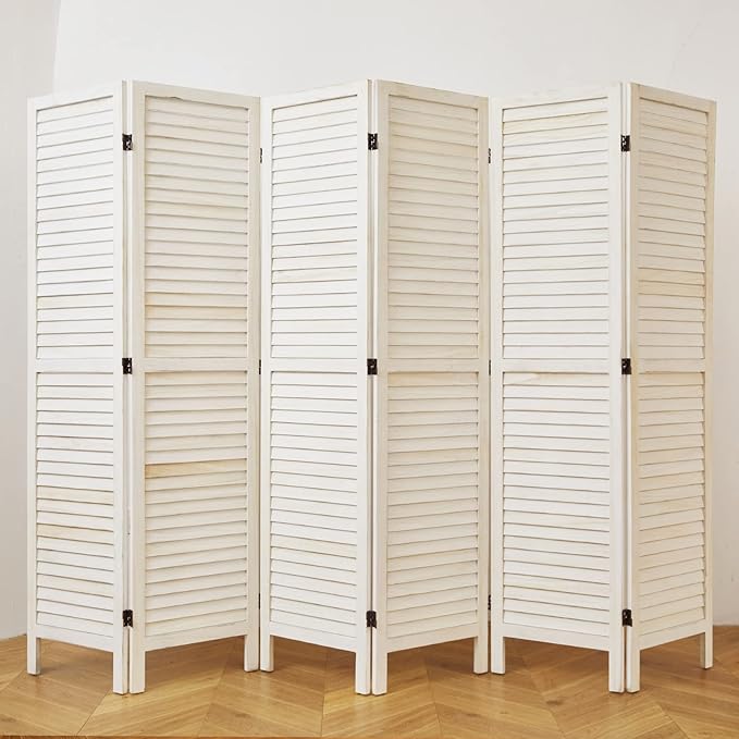 White Room Divider, Temporary Wall with Double Hinges, 5.6 Ft Tall Folding Louver Wood Screen for Home Office Bedroom Hotel Decoration (6 Panels, White-Washed)