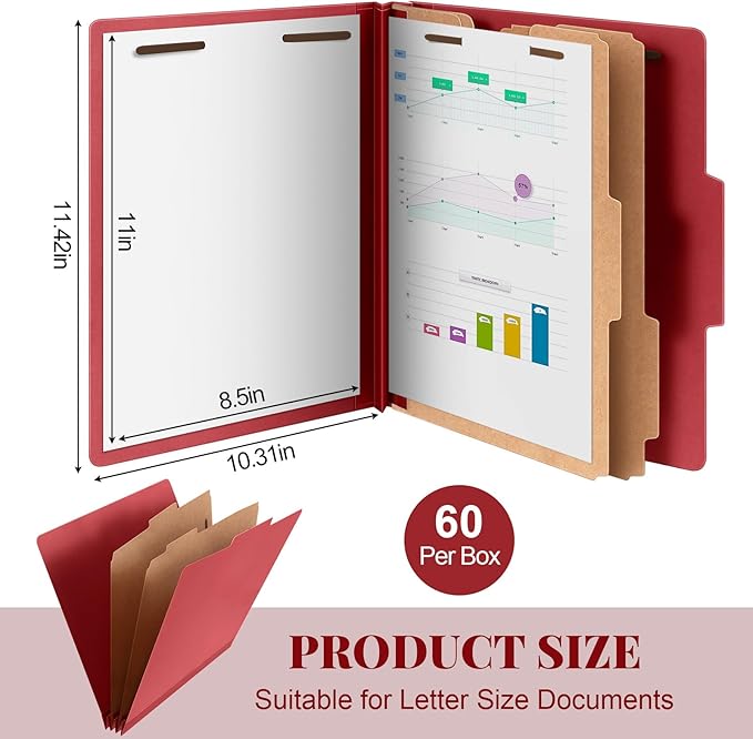 Skyygemm 60 Pcs Classification Folders Letter Size, 2 Divider Pressboard File Folders with 3. 5 Inch Expansion, 2 Prongs Fastener, Heavy Duty Office File Organizers for Teachers, Medical (Dark Red)