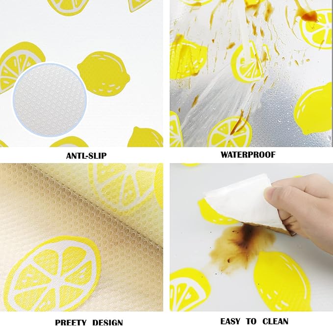 Lemon Print Shelf Liner for Kitchen Cabinets - Non-Adhesive Drawer Liner, Non-Slip Refrigerator Liner, Waterproof Fridge & Pantry Mat - Easy to Cut & Clean