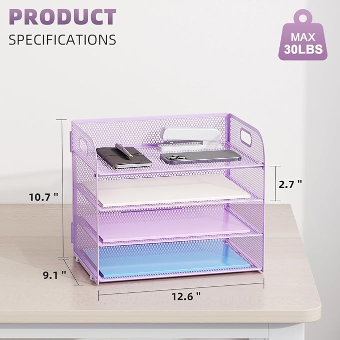 Marbrasse 2 Pack 4 Tier Paper Organizer Letter Tray - Mesh Desk File Organizer with Handle, Paper Sorter Organizer for Letter/A4 Office File Folder Holder (Purple, 12.6" x 9.1" x 10.7")