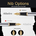 HDDNB Silver Luxury Fountain Pen Set for Men and Women with Gift Box, 24K Gold Finish and Gilded Nib(Extra Fine) with 5 Black Ink Cartridges and Converter