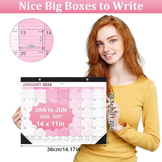 Desk Calendar 2026-2027, 14" X 11" Desktop Calendar 2026-2027, 18 Months Calander Runs from Jan. 2026 to Jun. 2027, Academic Monthly Planner for Home School Office (Pink)