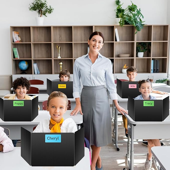 2 Pack Black Desk Dividers for Students, Privacy Shields Folder for Students, Durable & Waterproof Plastic Study Board, Classroom Teacher Supplies Test Divider, Includes Extra Labels