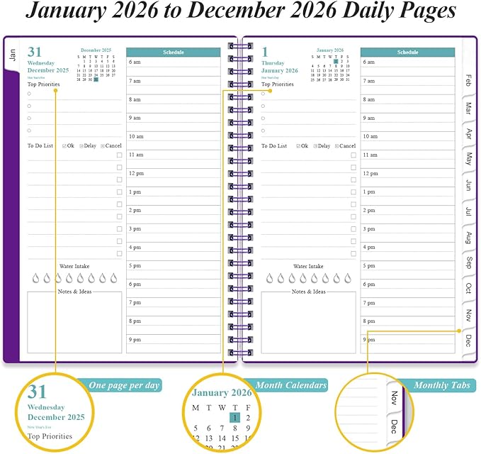 Daily Planner 2026 Full Page Per Day- 2026 Daily & Monthly Planner from January 2026 to December 2026, Day Planner 2026 with 12 Months Tabs, 6.4" x 8,5", Purple