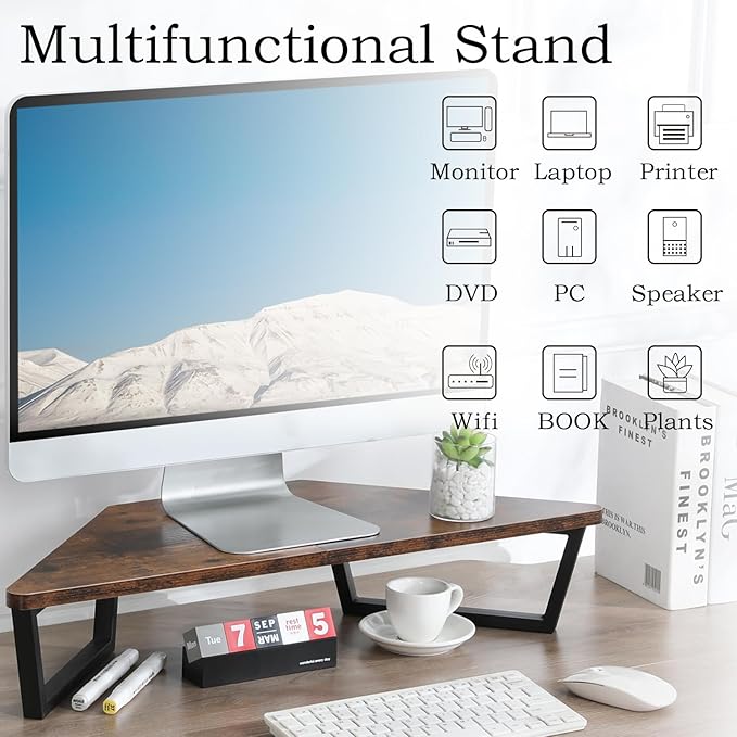 TEAMIX 26 inch Triangle Monitor Stand Riser, Desktop Corner Shelf with Metal Leg Wood Computer Stand with Storage Laptop Riser Office Organization