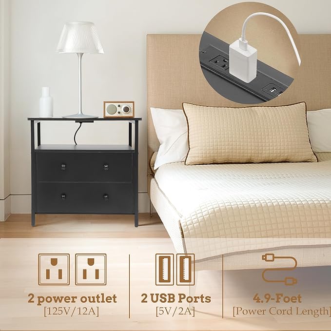 Edbuosy 27 inch Wide Night Stand with Charging Station, Bedside Table with Open Shelf, 2 Drawers Small Wood Dresser, Modern Wood Nightstand for Bedroom/Living Room (Black)