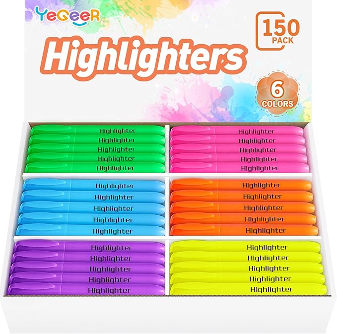 YEGEER Highlighters, Chisel Tip Dry-Quickly Highlighter Markers, 150 Count-6 Assorted Colors Highlighters Bulk Pack for Adult Kids, Office Classroom Must Have, School Supplies for Teachers