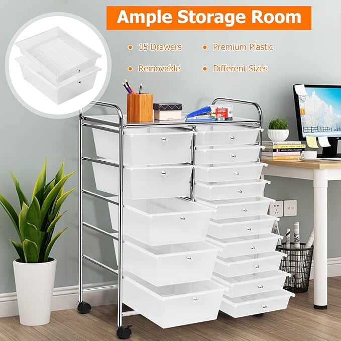 HAPPYGRILL 15-Drawer Rolling Cart, Storage Carts with Removable Drawers & Steel Frame, Utility Cart on Lockable Wheels for Home, School, Office,Clear