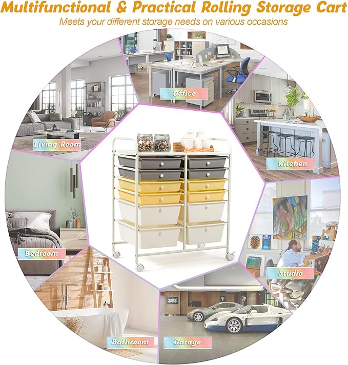 Happygrill 12-Drawer Rolling Storage Cart, Multipurpose Storage Cart W/Lockable Wheels, 2 Sizes Plastic Drawers & Metal Shelf, Mobile Utility Cart for Home Office School