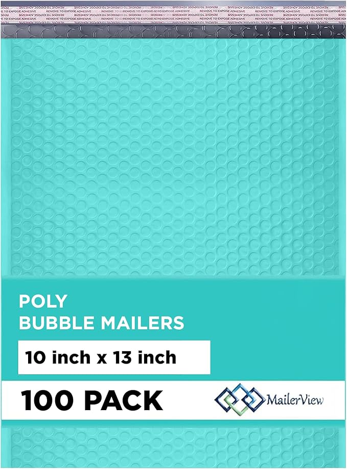 Teal 10x13 Inch Poly Bubble Mailers |Self Seal Padded Envelopes for Thick books | Air Cushioned Bubble Mailer | Usable Size 9.5x13 Inch | Waterproof Lightweight Mailing Shipping Bags | 100 Pack Bulk