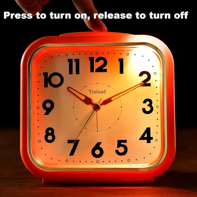 Tinload 5.5" Large Analog Alarm Clock • Silent Non Ticking • Gentle Wake • Beep Sounds • Increasing Volume • Battery Operated Snooze and Manual Light • Retro Orange
