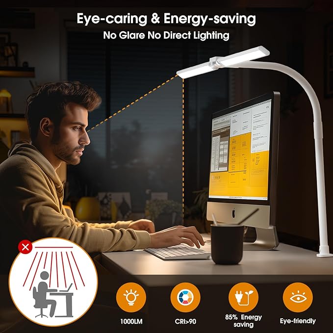 SIBRILLE LED Desk Lamp for Home Office - Eye-Caring Computer Desk Light with Clamp, Adjustable Work Lamp with Color Changing, Dimmable Double Head Monitor Light with Gooseneck, White