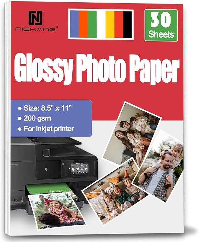 NICKANG Glossy Photo Paper 8.5x11, 53 LB/200 gsm, 30 Sheets, Letter Size, Photo Paper for Inkjet Printer, Photo Printer Paper, Picture Paper