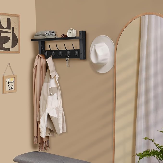 Sorbus Coat Hooks Wall Mount with Shelf – 16 Inch Coat Rack Wall Mount with 5 Heavy Duty Hooks – Floating Wall Shelf with Hooks for Entryway, Bathroom, Bedroom, Kitchen, or Mudroom (Black)