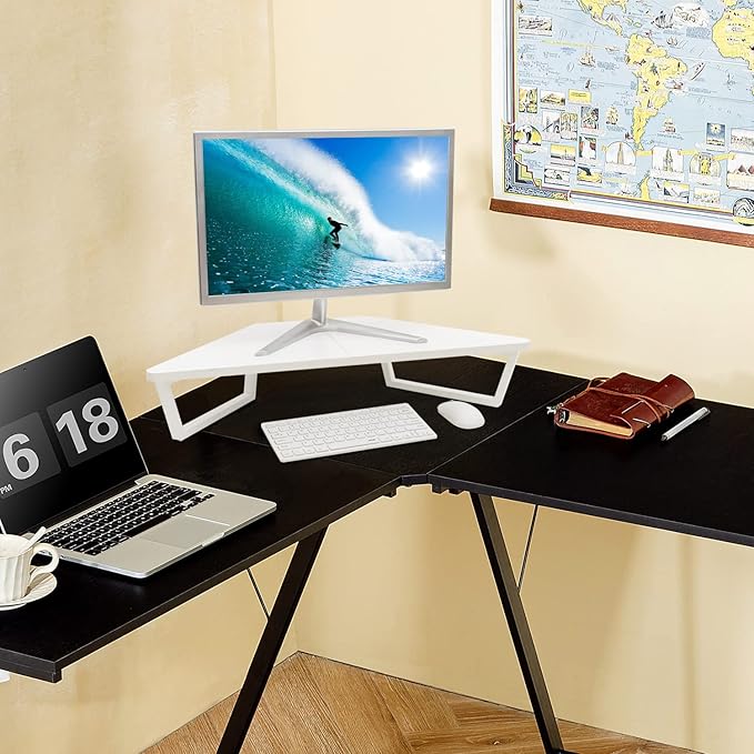 TEAMIX 26 inch White Triangle Monitor Stand Riser, Desktop Corner Shelf with Metal Leg Wood Computer Stand with Storage Laptop Riser Office Organization