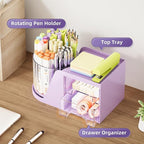 Marbrasse Desk Organizer with 2 Drawer, 360°Rotating Pen Holder, Desk Organizers and Accessories with 6 Slots Pencil Holder + 2 Drawer, Art Supply Storage Box Caddy for Office (Purple)