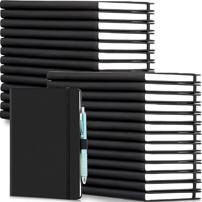 Laumoi 28 Pack PU Leather Lined Notebook Journal Bulk A5 Hardcover Notebook College Ruled 5.5 x 8.2 Inch Journal with Pen Holder for School Business Work Writing(Black,Simple)
