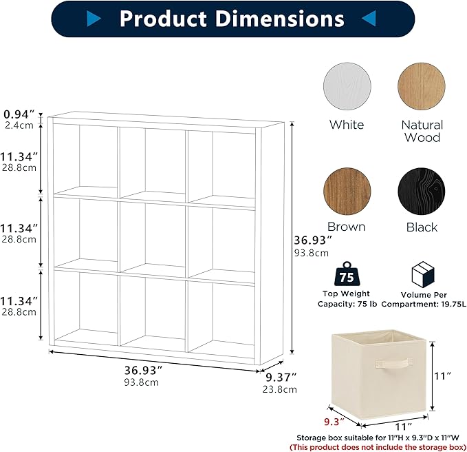 Jpiziso 9-Cube Storage Organizer, Wooden Cube Shelf Bookcase with Reinforced Thick Shelves, Heavy-Duty 36.93" L x 9.37" W x 36.93" H, for Living Room Bedroom Home Office, Natural-Oak
