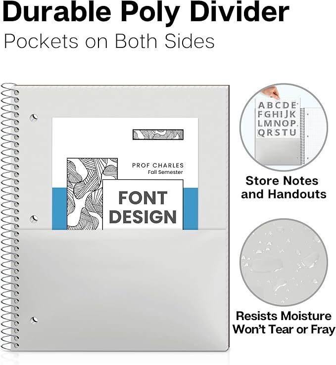 Dunwell Graph Paper Notebook 8.5 x 11 (Black) Plastic Cover, 100 Sheets (200 Pages), 4x4 Squares, 1 Subject Graph Paper Spiral Notebook, 1/4" Grid, Pocket Divider, Easy Tear-Off, 3-Hole Punched