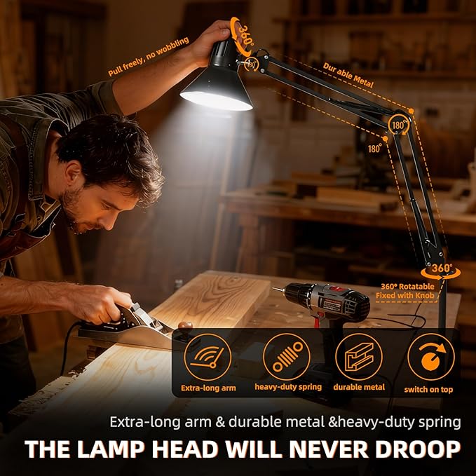 LED Desk Lamp Dimmable with Clamp, Eye-Caring Clip on Lights for Home Office, 3 Adjustable Color Temperature,Extra Tall Metal Swing Arm, High Intensity Clamp w/A19 E26 Bulb for Working Reading