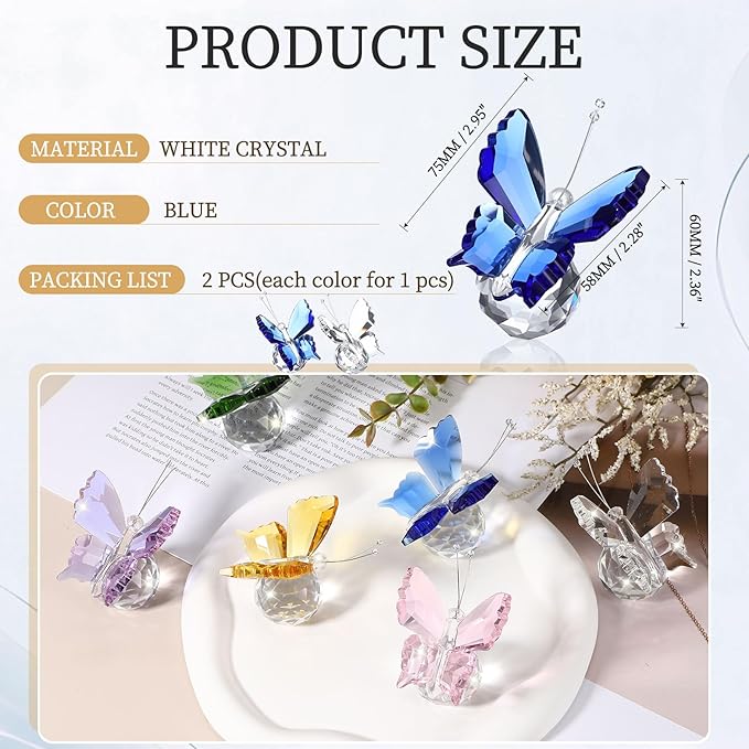PATIKIL 2 Pcs Butterfly Crystal Paperweight, 75mm / 3 Inch Crystal Paperweight Paper Weight for Home Office Desktop Table Decor Wedding Party Jewelry Ornaments, White/Blue