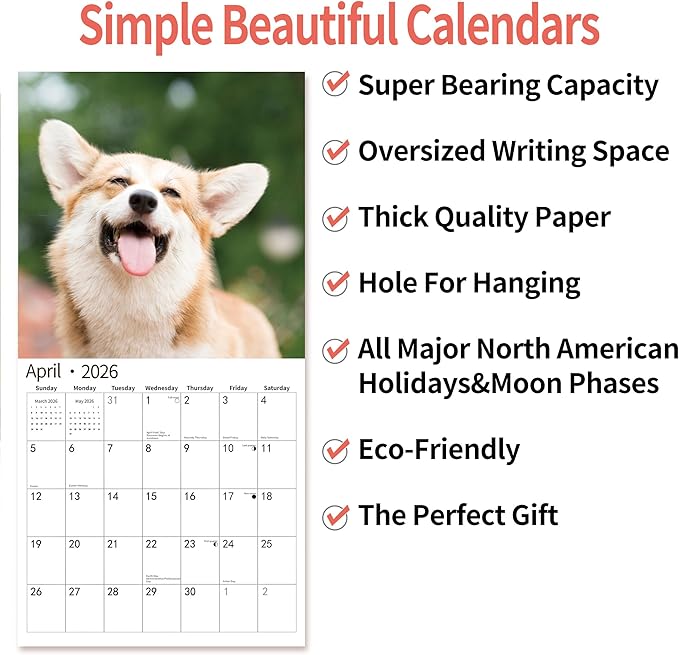 2026 Wall Calendar, November 2025 - December 2026, Wall Calendar Corgis, 12" x 24" Opened,Full Page Months Thick & Sturdy Paper for Calendar Organizing & Planning