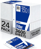 Kaisa Notebook Paper 24 Pack 8x10.5 3600 sheets College Ruled Loose Leaf Paper Filler Paper for 3-Ring Binder Paper 150 Sheets/Pack Notebook 3-Hole Punched Lined Paper(24Pack-college)