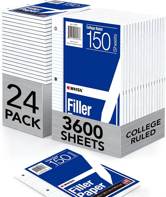 Kaisa Notebook Paper 24 Pack 8x10.5 3600 sheets College Ruled Loose Leaf Paper Filler Paper for 3-Ring Binder Paper 150 Sheets/Pack Notebook 3-Hole Punched Lined Paper(24Pack-college)