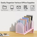 OUTIOE 5-Section Desk File Organizer, Metal Mesh Folder Organizer for Documents, Mail & Office Papers (Pink)