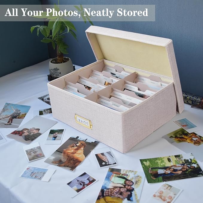 Sprsthai Linen Photo Storage Box – Holds 1700 Photos, 24 Adjustable Dividers & 72 Labels Multi-Use Organizer for Photos, Envelopes, Recipes Beige